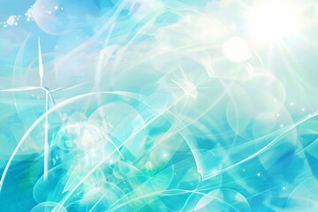 Poster - Abstract blue and white background with soft swirls, light effects, and wind turbines in a serene landscape