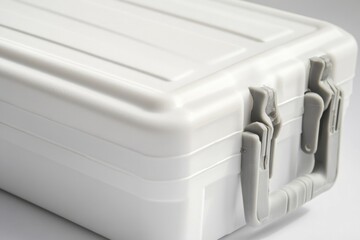 Aufkleber - A white plastic case with ergonomic handles on a clean white surface