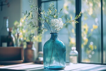 Poster - A blue vase filled with flowers sits on top of a table