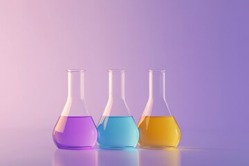 Poster - Colorful beakers filled with vibrant liquids reflecting creativity in a modern laboratory setting at sunset. Generative AI