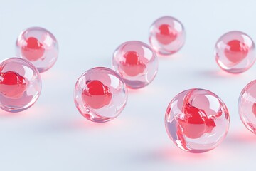 Poster - Colorful translucent spheres with red centers scattered on a soft white surface, creating a modern and artistic visual arrangement. Generative AI