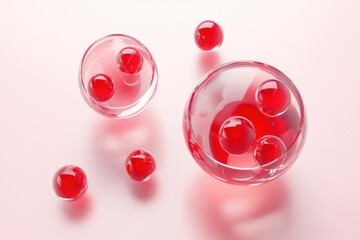 Poster - Translucent spheres filled with vibrant red droplets create an abstract visual on a soft pastel background. Generative AI