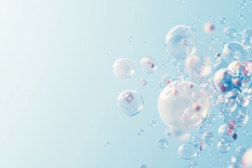 Poster - Bubbles rise gently in a serene blue space, creating a whimsical and tranquil atmosphere amidst soft light reflections. Generative AI