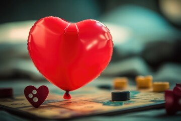 Poster - A red heart shaped balloon sits atop a colorful board game, perfect for a romantic or fun occasion