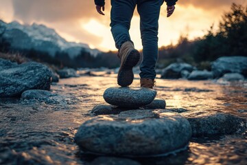 Poster - A person crossing the river by stepping on rocks