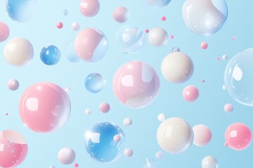 Poster - Floating pastel bubbles dance against a soft blue backdrop, creating a whimsical and enchanting atmosphere. Generative AI