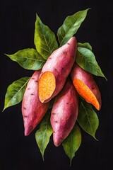 Poster - A cluster of sweet potatoes with leaves on a dark background, great for food, agriculture, or nature-themed designs