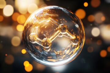Poster - Illuminated molecular structure floating in a dreamlike sphere surrounded by sparkling golden lights. Generative AI
