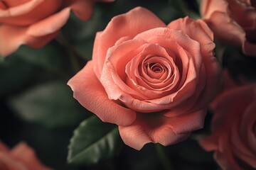 Poster - A close-up shot of a pink rose with green leaves, ideal for use in floral arrangements or as a decorative element