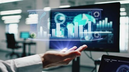 Aufkleber - Businessman manipulates holographic financial charts and graphs, showcasing innovative data analysis in a modern office environment, captured in slow motion