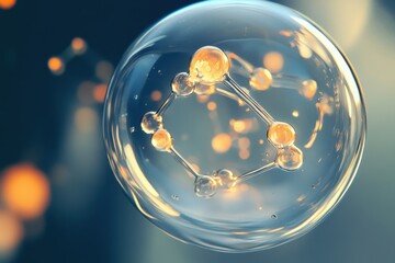 Poster - Mysterious bubble encapsulating vibrant molecular structures against a dreamy backdrop of blurred lights and colors. Generative AI