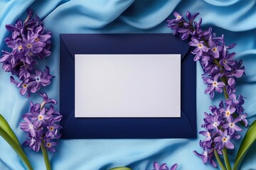Aufkleber - A decorative frame surrounded by purple flowers on a blue cloth, perfect for a photo or artwork