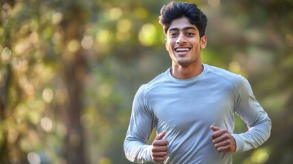 Wall Mural - A person jogging through a park with trees in the background, suitable for sport or outdoor themed projects