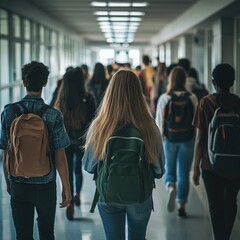 Poster - Group of people walking in a long corridor