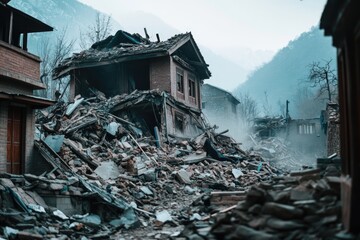 Poster - A pile of rubble blocks the entrance of a building