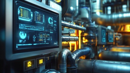 Poster - A room with pipes and a monitor on the wall