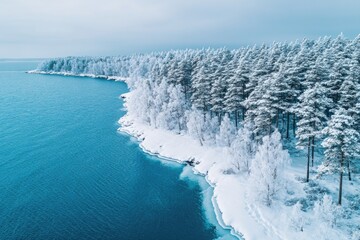 Sticker - A serene lake scene with snowy trees surrounding the water's edge