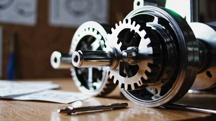 Poster - Slow motion close up of a complex gear mechanism rotating on a workbench, with engineering blueprints in the background, showcasing precision engineering and mechanical movement