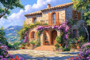 Aufkleber - A painted image of a house with colorful flowers decorating the front