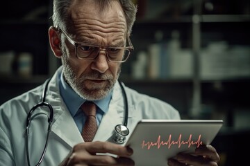 Poster - A scientist or doctor holding a tablet computer, possibly researching or consulting