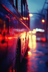 Aufkleber - A red bus drives along a street at night, illuminated by streetlights