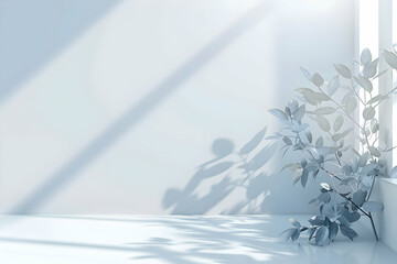 Poster - Serene indoor scene featuring a delicate plant casting soft shadows on a minimalist wall