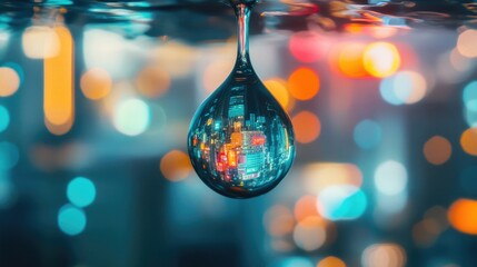 Poster - A still life image showing a wine glass with a cityscape reflected inside, perfect for use in advertising, editorial or commercial projects