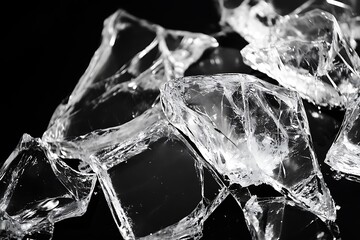 Poster - Shattered transparent crystals on black background.