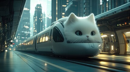 Aufkleber - A white cat sits atop a moving train