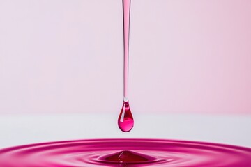 Poster - Colorful droplet of liquid gracefully falling into a vibrant pink pool with a dreamy background at midday. Generative AI