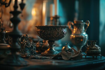 Poster - A decorative table setting with silver vases and candles