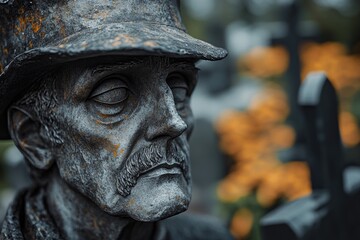Aufkleber - A close-up shot of a statue depicting a man wearing a hat, suitable for use in historical or cultural contexts