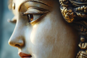 Aufkleber - A detailed view of a female figurine's facial features, perfect for decorative or artistic purposes
