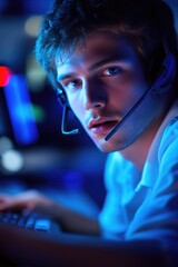 Poster - A person wearing a headset sits in front of a computer, typing away