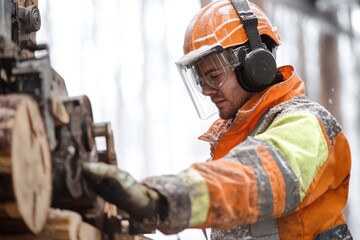 Poster - Man wearing orange safety vest works on wooden structure
