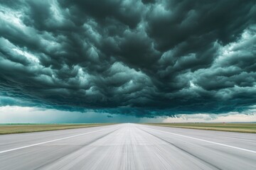 Poster - A road stretches out amidst a cloudy sky, perfect for use as a background or in a travel or landscape-themed project