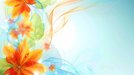 Poster - Vibrant floral design with bright orange flowers and flowing blue accents against a soft background