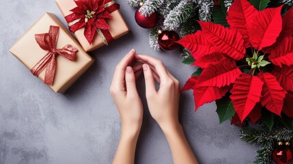 Poster - A woman holds a gift near a decorated Christmas tree