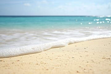 Wall Mural - Foamy wave crashing on a sunny day at the beach, suitable for summer vibes and outdoor lifestyle images