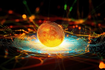 Poster - Digital golden coin spinning in a vibrant web of colorful light with energy pulses in a dark background. Generative AI