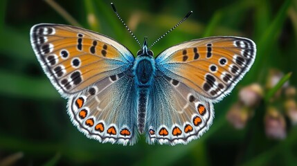 Wall Mural - A blue and orange butterfly sits on top of lush green grass