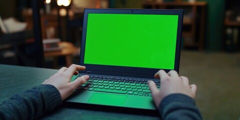 Poster - A person sitting at a desk with a green screen in the background, focusing on their laptop