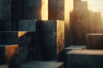 Poster - Shadows and sunlight dance on geometric structures in an industrial landscape at dawn. Generative AI
