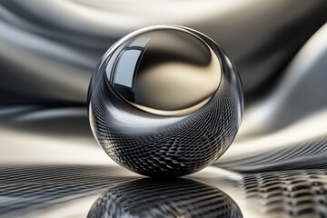 Poster - Reflective sphere rests on elegant metallic surface, capturing light in a dance of elegance and simplicity in a serene atmosphere. Generative AI