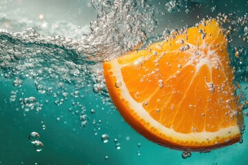 Poster - A fresh orange slice falling into the water