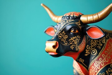 Poster - Close-up view of a detailed statue of a bull, great for decorative or symbolic uses