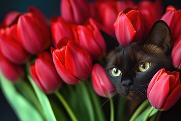 Wall Mural - A curious cat peeking out from behind a bouquet of bright red tulips