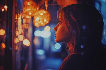 Wall Mural - A person stands by the window, gazing at the city's bright lights