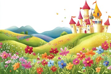 Poster - A majestic castle surrounded by a vibrant field of flowers, ideal for travel or nature-themed projects