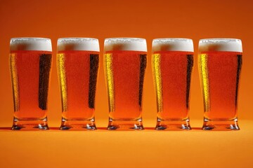 Poster - A row of four glasses of beer on an orange background